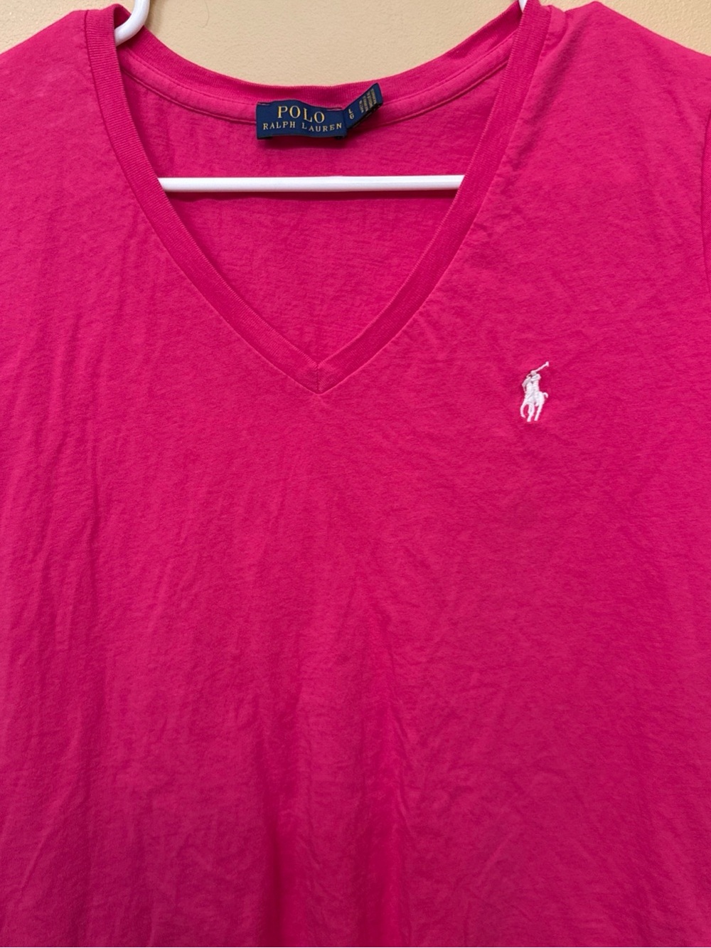 Ralph Lauren Women's V-Neck Tee in Bright Pink with Embroidered Pony - Picture 3 of 7